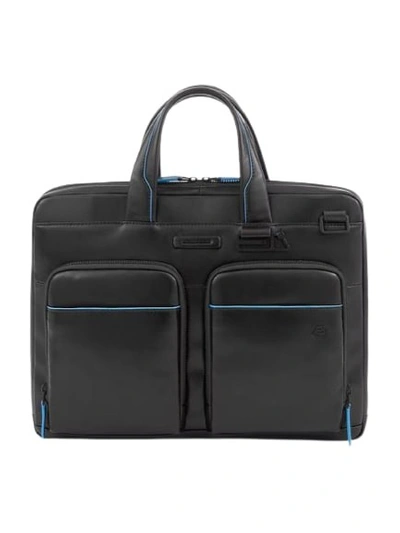 Piquadro Blue Leather Workbook Briefcase With Rfid Protection In Black
