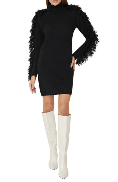 Milly Rowe Fringe Long Sleeve Jumper Minidress In Black