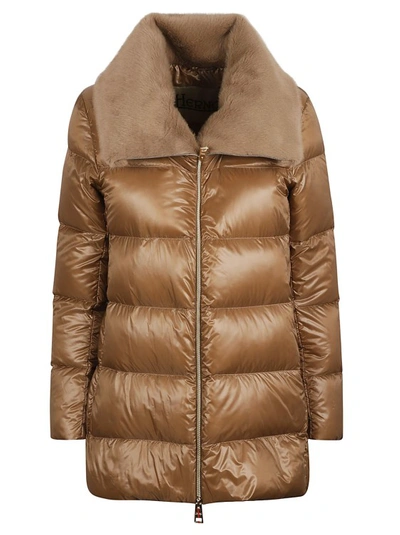 Herno Faux Fur Collar A Line Down Puffer Coat In Camel