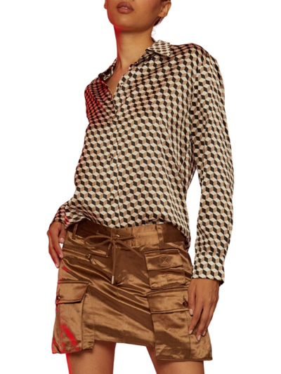 Cynthia Rowley Geometric-print Silk Button-down Shirt In Brown