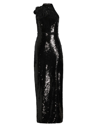 Milly Women's Sabine Sequined Rosette Column Gown In Black