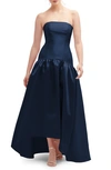 Alfred Sung Strapless High-low Satin Gown In Blue