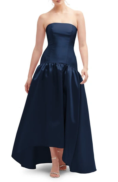 Alfred Sung Strapless High-low Satin Gown In Midnight