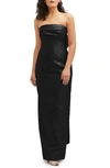 Alfred Sung Strapless Bow Back Satin Column Gown In Black