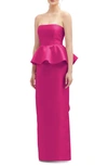 Alfred Sung Strapless Ruffle Peplum Satin Column Gown In Think Pink