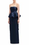 Alfred Sung Strapless Ruffle Peplum Satin Column Gown In Blue