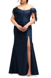 Alfred Sung Off The Shoulder Bow Corset Satin Trumpet Gown In Blue
