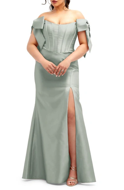 Alfred Sung Off The Shoulder Bow Corset Satin Trumpet Gown In Green