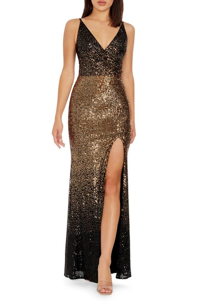 Dress The Population Jordana Sequin Side Slit Gown In Gold Multi