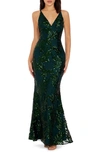 Dress The Population Dress The Poppulation Sharon Embellished Lace Evening Gown In Pine Multi
