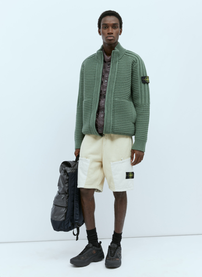 Stone Island Padded Lined Wool Knit Cardigan In Green