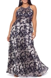 Betsy & Adam Plus Size Floral Foil Print Halter-neck Gown In Navy/ Gunmetal