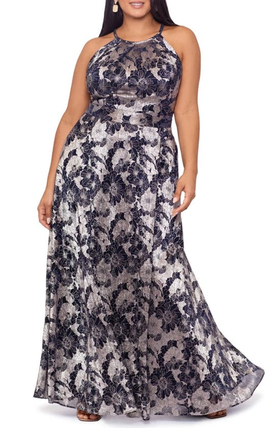 Betsy & Adam Plus Size Floral Foil Print Halter-neck Gown In Navy/ Gunmetal