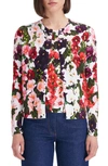 Oscar De La Renta Hollyhocks Print Crewneck Cardigan In Pink/ White