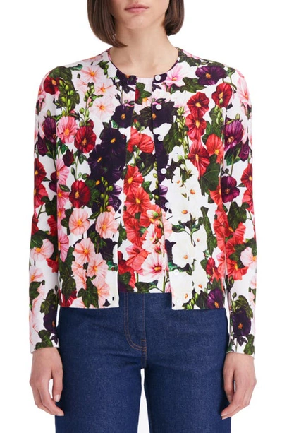 Oscar De La Renta Hollyhocks Print Crewneck Cardigan In Pink White