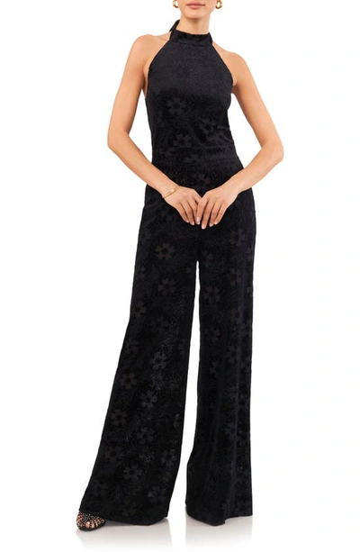 1.state Women's Mock-neck Halter Jacquard Jumpsuit In Rich Black