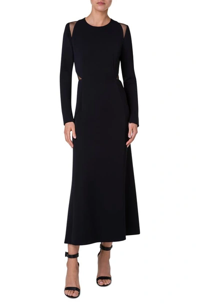 Akris Cutout Detail Long Sleeve Stretch Silk Crepe Midi Dress In 009 Black