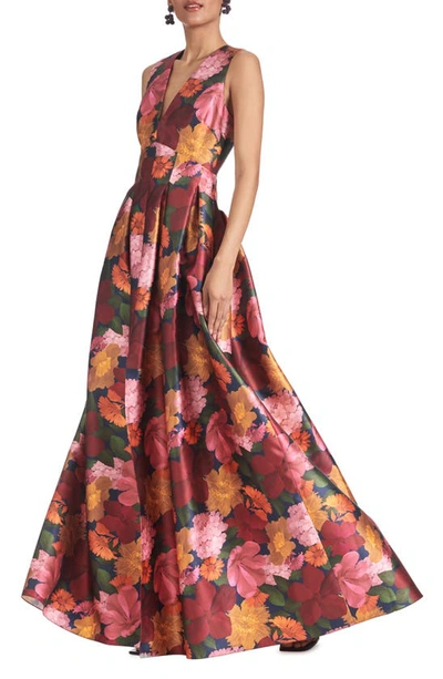 Sachin & Babi Brooke Pleated Floral-print Mikado Gown In Red