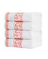 Superior Athens Cotton With Greek Scroll And Floral Pattern, 4 Piece Bath Towel Set In Coral