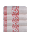 Superior Athens Cotton With Greek Scroll And Floral Pattern, 4 Piece Bath Towel Set In Ivory-coral