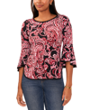 Sam & Jess Petite Contrast-trim Bell-sleeve Top In Black,red Paisley