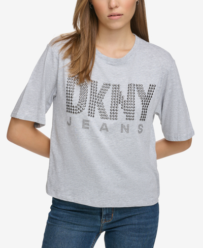 Dkny Jeans Women's Crewneck Embellished-logo T-shirt In Steel Grey Heather