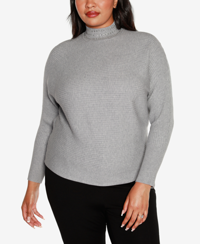 Belldini Plus Size Embellished Neck Ribbed Dolman Sweater In Heather Gray