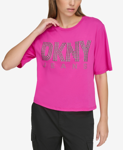 Dkny Jeans Women's Crewneck Embellished-logo T-shirt In Electric Fuschia