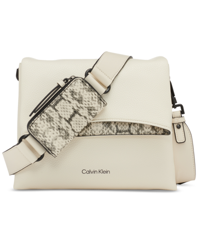 Calvin Klein Chrome Adjustable Flap Crossbody With Zippered Pouch In Cherub White,black