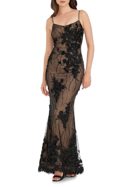 Dress The Population Giovanna Floral Sequin Mermaid Gown In Black/nude