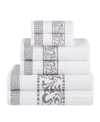 Superior Athens Cotton With Greek Scroll And Floral Pattern Assorted, 6 Piece Bath Towel Set In White-chrome