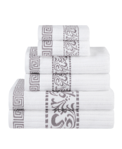 Superior Athens Cotton With Greek Scroll And Floral Pattern Assorted, 6 Piece Bath Towel Set In White-chrome