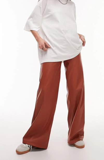 Topshop Faux Leather Wide Leg Pants In Red