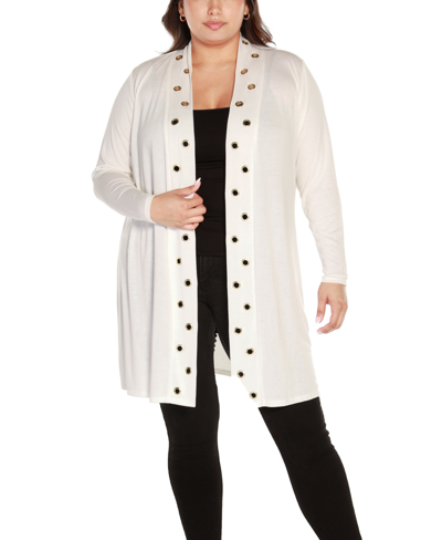 Belldini Plus Size Long Sleeve Grommet Trim Cardigan Sweater In Winter White