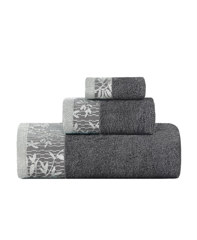 Superior Wisteria Cotton Floral Embroidered Jacquard Border Towel, 3 Piece Set In Gray