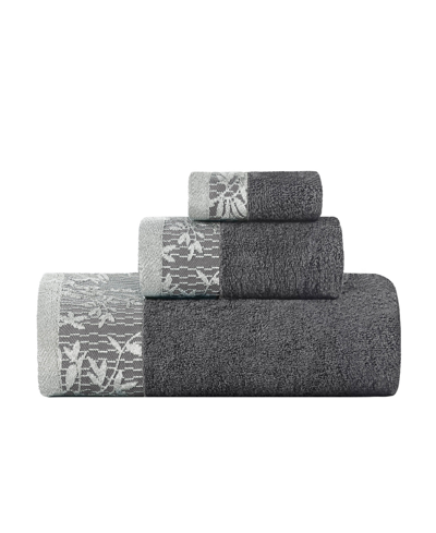 Superior Wisteria Floral Embroidered Jacquard Border Cotton 3 Piece Bath Towel Set In Gray