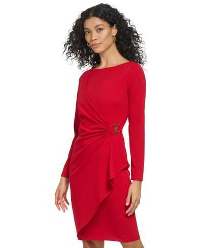 Dkny Women's Side-ruched Logo-buckle Faux-wrap Dress In Scarlet