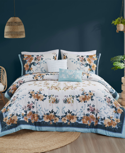 Madison Park Closeout!  Jules Cotton Floral 5-pc. Comforter Set, Full/queen In Teal
