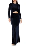 Dress The Population Candace Cutout Metallic Long Sleeve Column Gown In Midnight Blue B