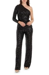 Dress The Population Easton Sequin One-shoulder Jumpsuit In Jet Black