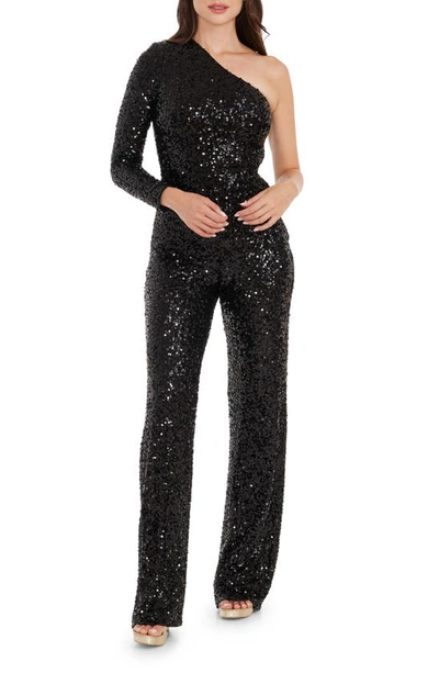 Dress The Population Easton Sequin One-shoulder Jumpsuit In Jet Black