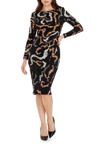 Dress The Population Emmalyn Squiggle Sequin Long Sleeve Cocktail Dress In Black Multi