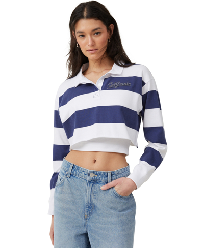 Cotton On Women's Long Sleeve Crop Graphic Rugby T-shirt In California Stripe,vintage Navy,white