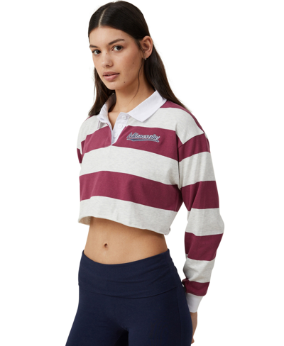 Cotton On Women's Long Sleeve Crop Graphic Rugby T-shirt In Minnesota Stripe,dark Plum,light Gray