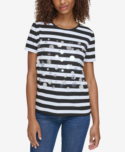 Karl Lagerfeld Women's Embellished Striped Knit Top In Black,soft White