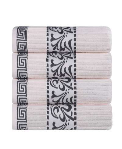 Superior Athens Cotton With Greek Scroll And Floral Pattern, 4 Piece Bath Towel Set In Ivory-gray