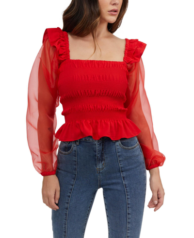 Bebe Smocked Body Chiffon Sleeve Top In Poppy Red