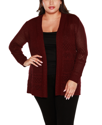 Belldini Plus Size Lurex Pointelle Open-front Cardigan Sweater In Black Cherry