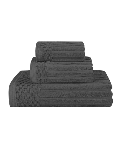 Superior Soho Checkered Border Cotton Ribbed Textured Ultra-absorbent Towel, 3 Piece Set In Charcoal