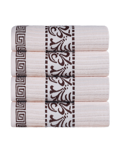 Superior Athens Cotton With Greek Scroll And Floral Pattern, 4 Piece Bath Towel Set In Ivory-chocolate